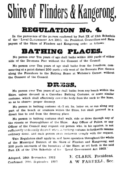 Black on white printed sign, titled, 'Shire of Flinders and Kangerong, Regulation Number 4, Bathing Places, Dress.'