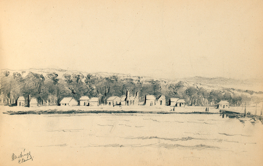 Black on cream drawing of a wooded foreshore with a row of cottages.