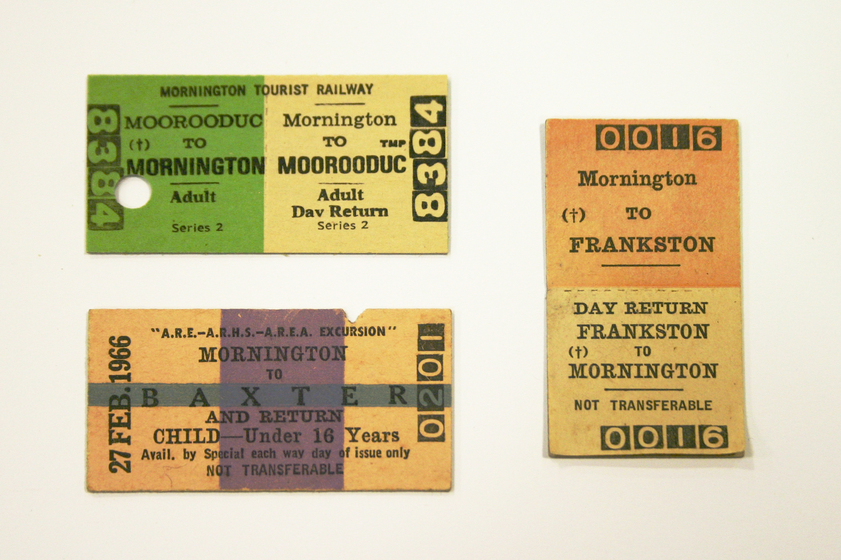 Three bi-coloured railway tickets marked, 'Mornington to Moorooduc', 'Mornington to Frankston' and 'Mornington to Baxter'.