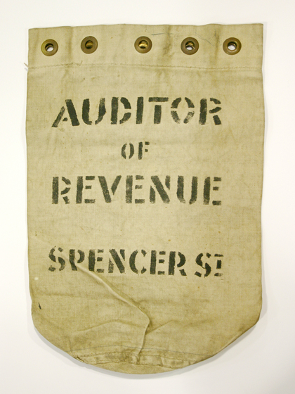 Hessian sack with metal eyelets, printed, 'Auditor of Revenue Spencer St.'
