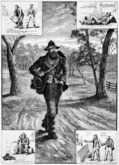 Black on white woodblock print of a tramp walking along a country road.