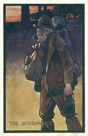 Postcard with a colour illustration of an old bearded tramp wearing a hat and with a pipe in his mouth carrying a bedroll, sack and billy. Behind, the sky is red between the silhouette of trees. Type says, 'The Sundowner..