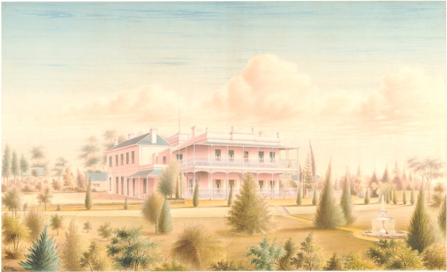 Watercolour painting of a two storey mansion with verandas on two floors and surrounded by a tree-filled garden.