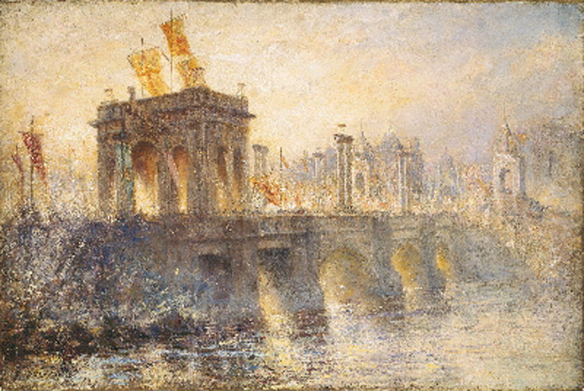 Oil painting of a procession on a bridge with yellow banners in the Impressionist style.