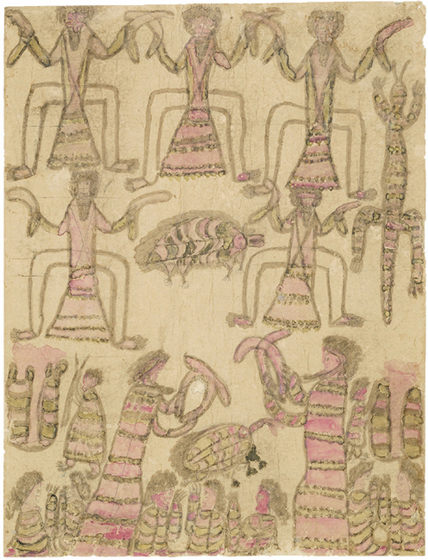 Pink and brown watercolour painting of aboriginal people dancing with boomerangs and of animals, including a large lizard.
