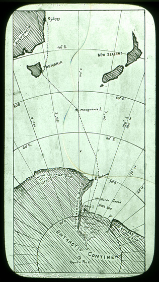 Map showing part of Antarctica, south eastern Australia and New Zealand and a vessel route.