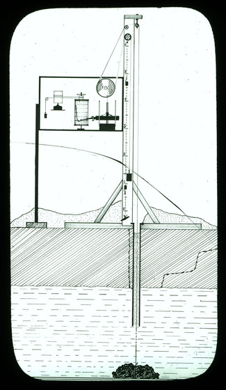 Black on white diagram of a tide gauge which reaches from the through the ice to the water.