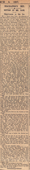 Newspaper clipping with the title, 'Shackleton's Men: Return of Mr Jack.'