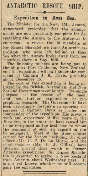 Newspaper clipping with the title,  'Antarctic Rescue Ship: Expedition to Ross Sea.'