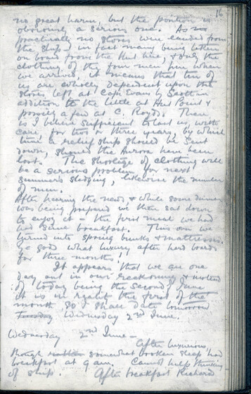 Blue on white handwritten diary page.