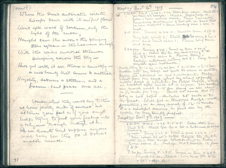 Two pages of a diary handwritten in pencil.