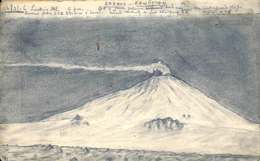 Drawing of a mountain with smoke coming out the top