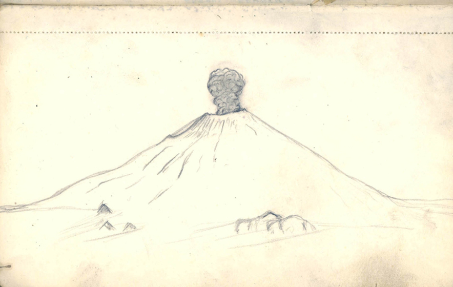 Pencil drawing of a volcano with steam rising from the top.
