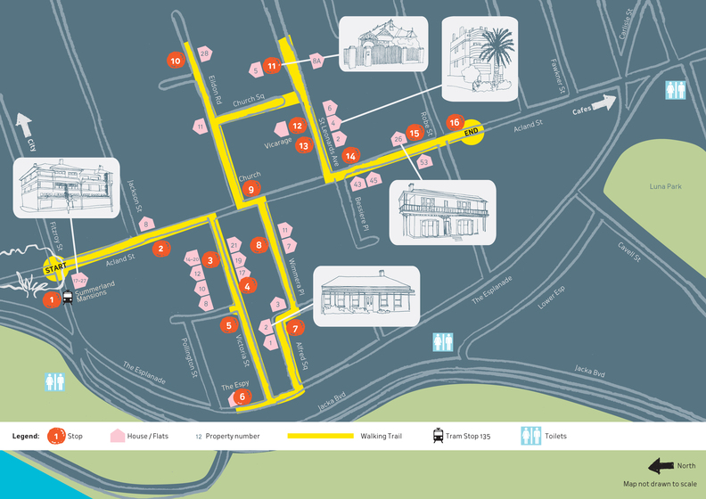 Colour map of St Kilda with illustrations of select houses and a walking route marked in yellow.