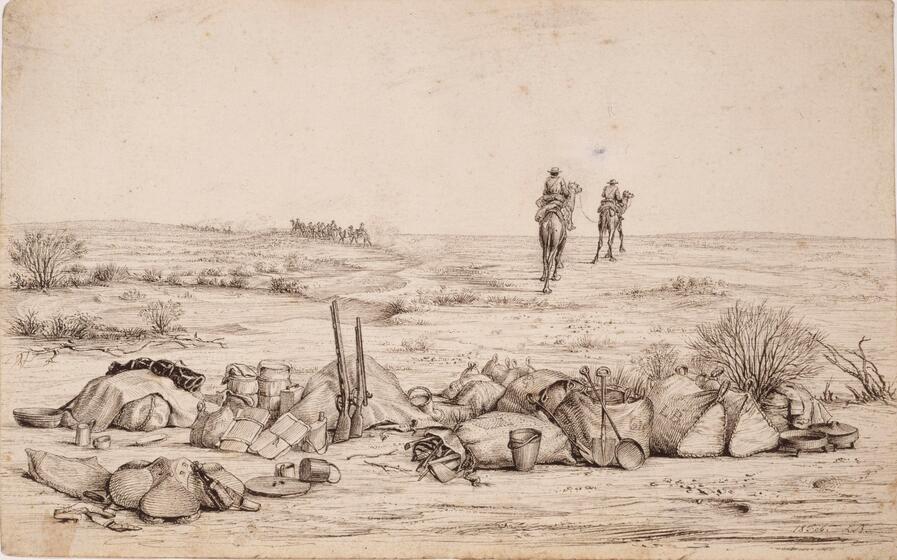 Piles of equipment lie on the dusty ground, some in the open and other parts covered by tarps and blankets. In the distance, two men ride off on camels into the baron landscape.