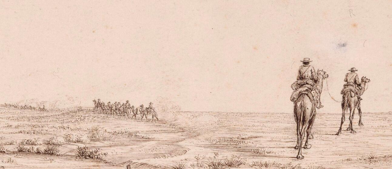 Two men riding camels head off into the baron landscape - there backs are to the artists. In the far distance a group of camels and men riding them can be seen.
