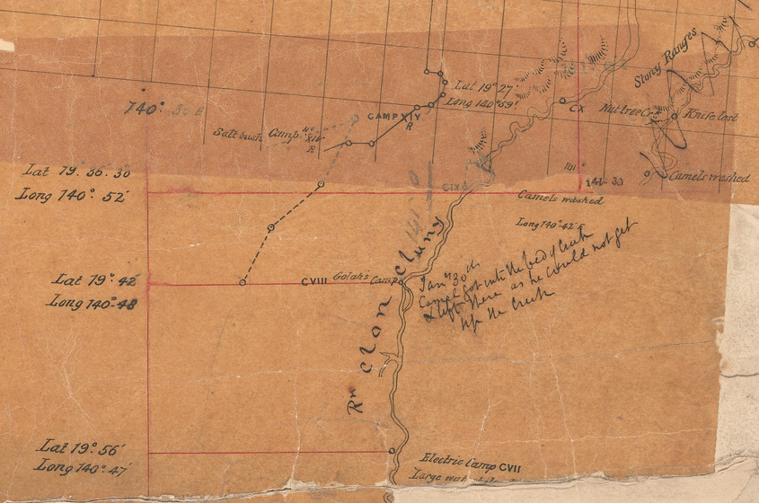 Hand drawn map on brown paper. Lines indicate routes and place names, and latitude and longitude lines are featured.