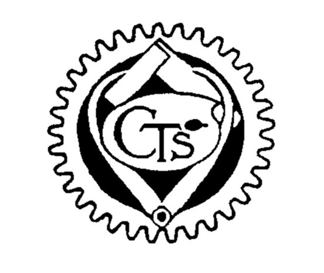 Black and white logo. Outer shape is a cog, with the inside featuring a square, lathe and the letters C T and S.