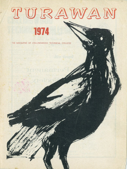 A magazine cover with a painted black and white magpie taking up the entire front cover. There is orange text centred along the top.