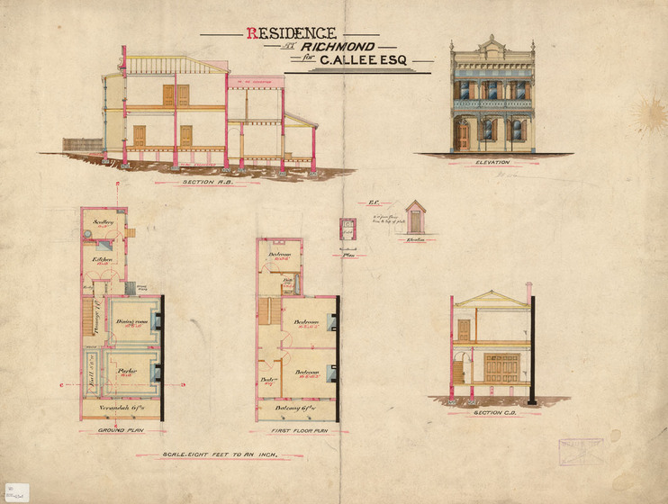 Colour architectural drawing of the plans and elevations of a two-storey Victorian terrace house.