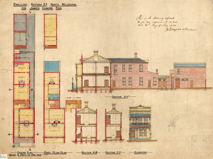 Colour architectural drawing of the plans and elevations of a two-storey Victorian terrace house.