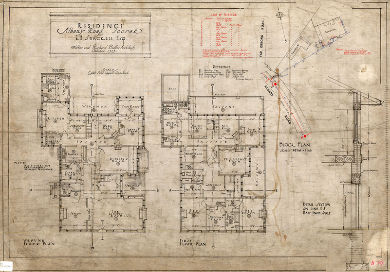 Black on white architectural drawing of the plans and elevations of a two-storey Edwardian house.