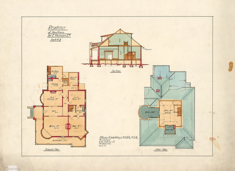 Colour architectural drawing of the plans and section of a two-storey Edwardian house.