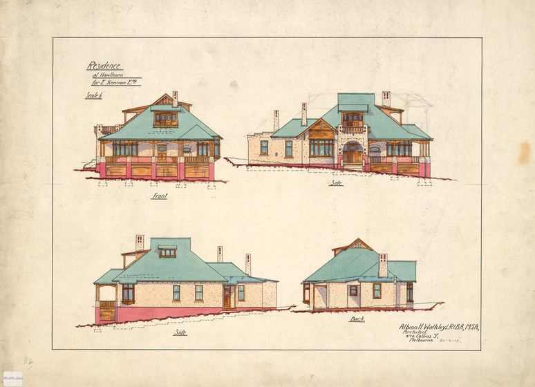 Colour architectural drawing of the elevations of a two-storey Edwardian house.