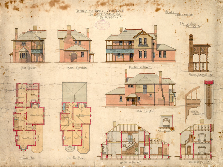 Colour architectural drawing of the plans, sections and elevations of a two-storey late Victorian house.
