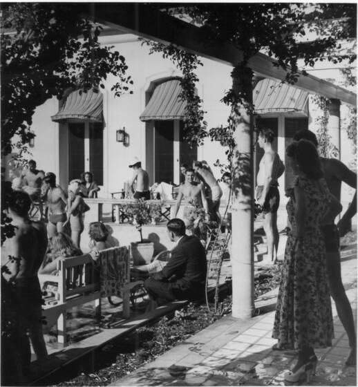 Black and white photograph of men and women in 1940s swimwear sitting on a terrace taken from a pergola with vines.