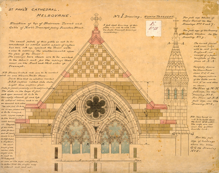 Coloured architectural drawing of the gable of a church surrounded by written notes. Labelled, 'St Paul's Cathedral, Melbourne'.