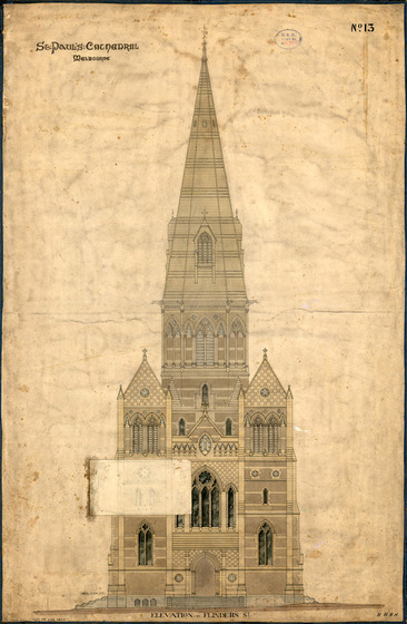 Coloured architectural drawing of the front of a cathedral. Labelled, 'St Paul's Cathedral, Melbourne'.