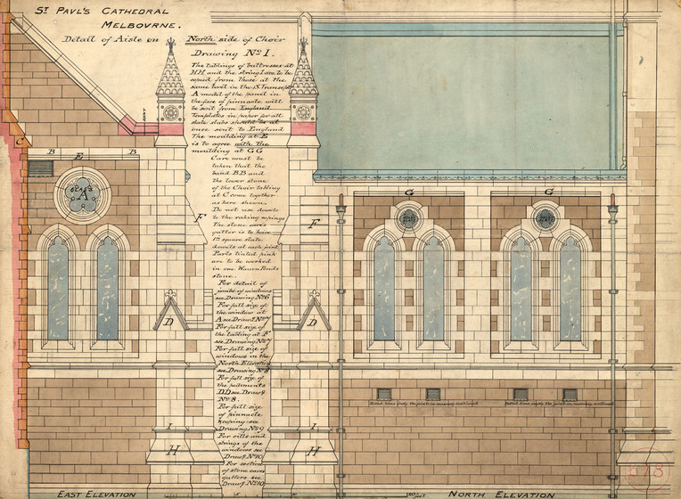 Coloured architectural drawing of the outside of a cathedral surrounded by written notes. Labelled, 'St Paul's Cathedral, Melbourne'.