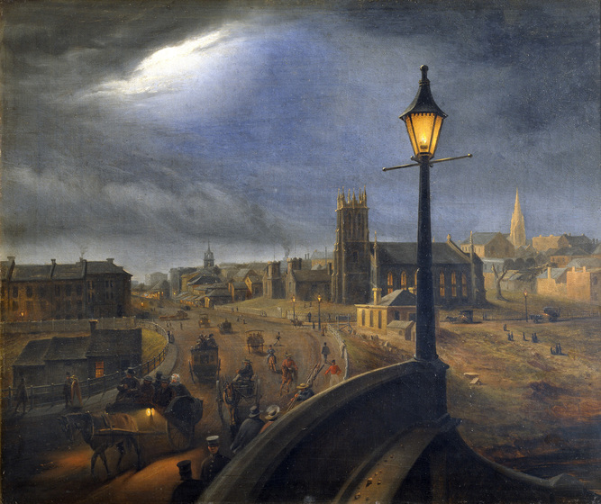 Oil painting of a church at night with street lamp in foreground.