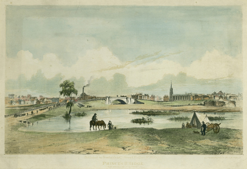 Tinted lithograph of a river with a bridge and a church beside it. Tent, cart and figure on horseback in foreground.
