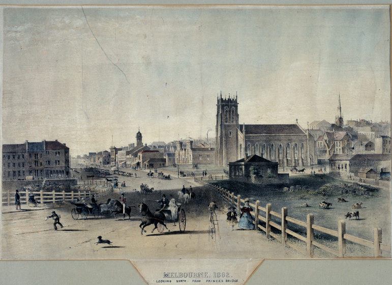 Tinted lithograph of a colonial city with a church seen from a bridge. Horse-drawn carriage and penny farthing rider in foreground.