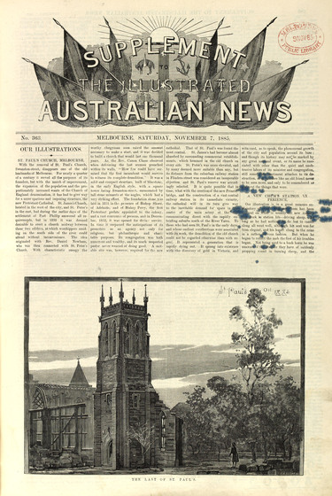 Front page of a newspaper with the title, 'The Illustrated Australian News,' and an engraving of a derelict church.