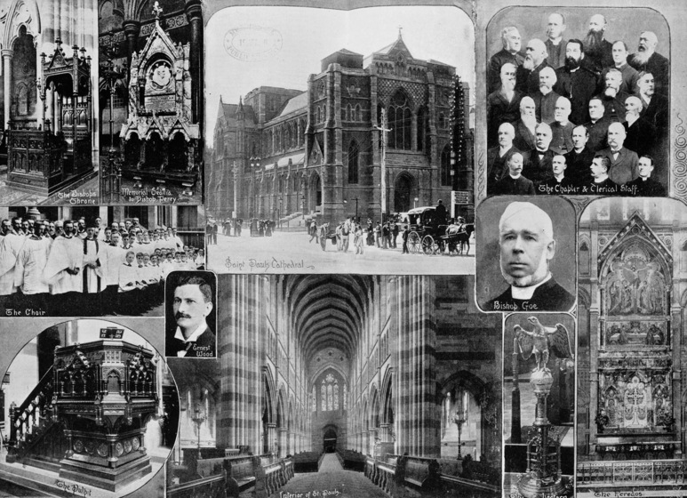 Black and white reproduction containing 11 photographs of the interior and exterior of a Gothic Revival Cathedral and its staff.