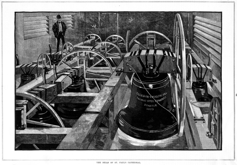 Black and white engraving of a bell room in a church.