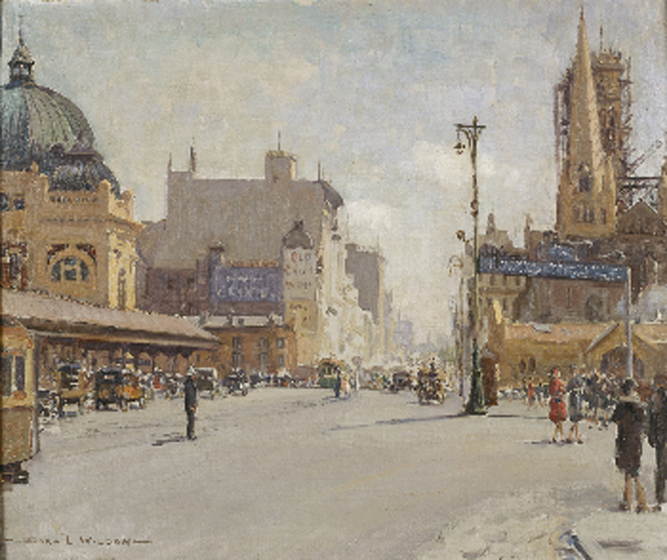 Oil painting looking along a city street, a domed Victorian building on the left, a church spire on the right.