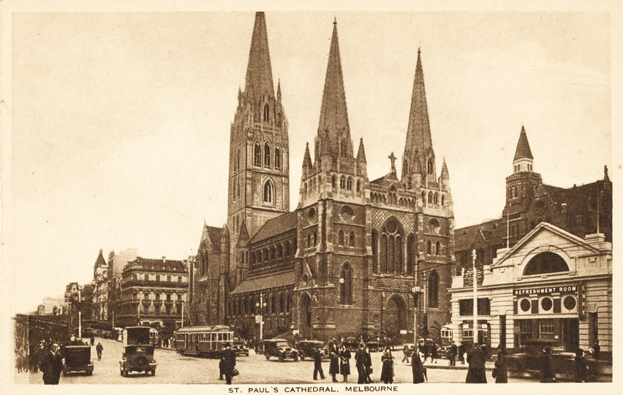 Sepia photo postcard of a Gothic Revival cathedral.