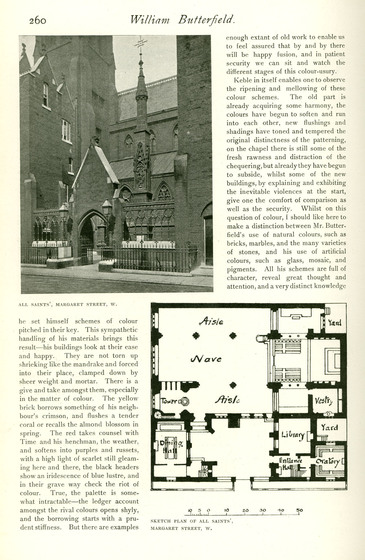 Page from a magazine with a black and white picture of the side entrance to a Gothic Revival church and part of a plan of same.