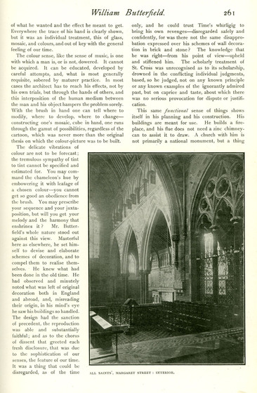 Page from a magazine with a black and white picture of the choir of a Gothic Revival church.