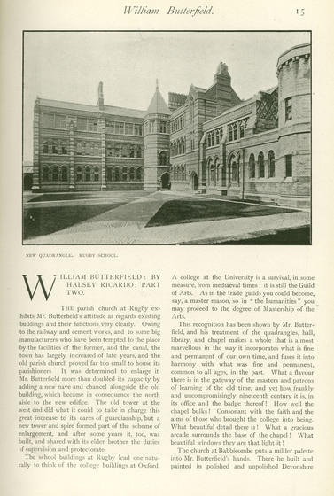 Page from a magazine with a black and white picture of a three-storey polychrome brick Gothic Revival building.