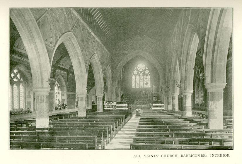Page from a magazine with a black and white picture of the interior of a stone Gothic Revival church.