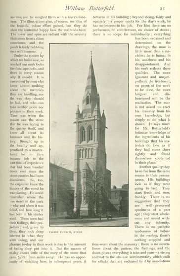 Page from a magazine with a black and white picture of a stone Gothic Revival church tower.