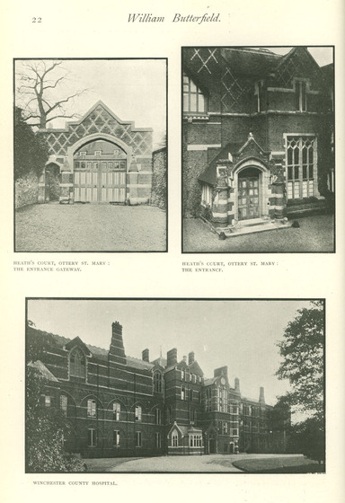 Page from a magazine with a black and white pictures of the gateway and entrance of a Gothic Revival house and the facade of a Gothic Revival hospital.