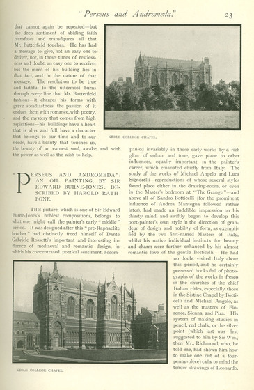 Page from a magazine with black and white pictures of a polychrome brick Gothic Revival chapel.