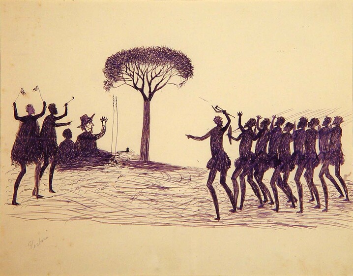 Group of indigenous men holding spears and other objects in their hands dance around one solitary tree. A white man sits on the ground under the tree, wearing a wide brim hat and his hands in the air.