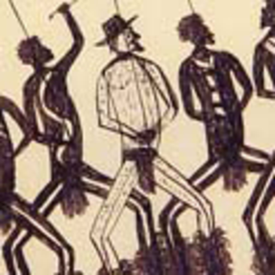 Group of indigenous men stand in a row with their backs to the artist. They are wearing decorative leg coverings and are have poles hovering above their heads. There is a white man with a wide brim hat standing in the centre of the group. They are looking at a tall ship on the ocean.